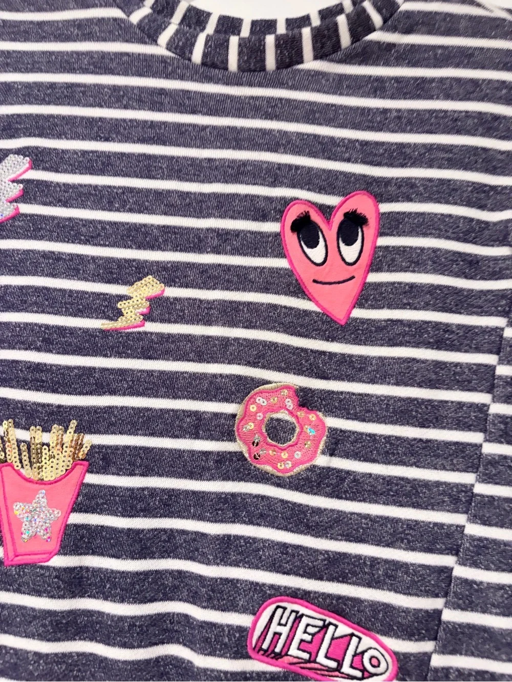 Gymboree Navy and White Striped Short Sleeve Tee with Pink Patch Accents